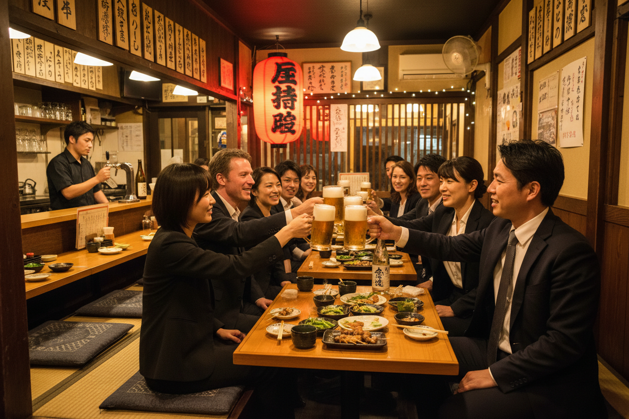 japanische trinkkultur mit bier in kneipe und business frauen und männern, sowohl japanisches als auch europäisches publikum